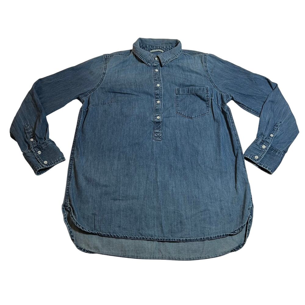 Merona Women's Half Button Up Denim Cotton Blouse Size L Casual Western Boho